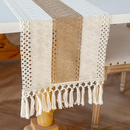 EMMTEEY Boho Table Runner with Tassels 94 Inches Long, Cream Brown | Handmade - Image 3