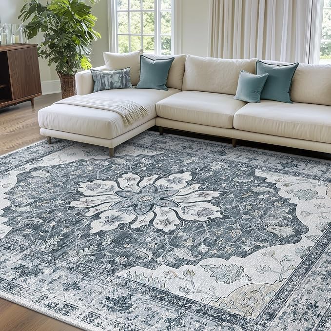 RELEANY Area Rugs 8'x10' Washable Non-Slip, Floral Vintage Distress Medallion by RELEANY