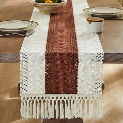 Macrame Style Bicolor Stitching Table Runner 14x60in Terracota | Woven Boho - Image 3