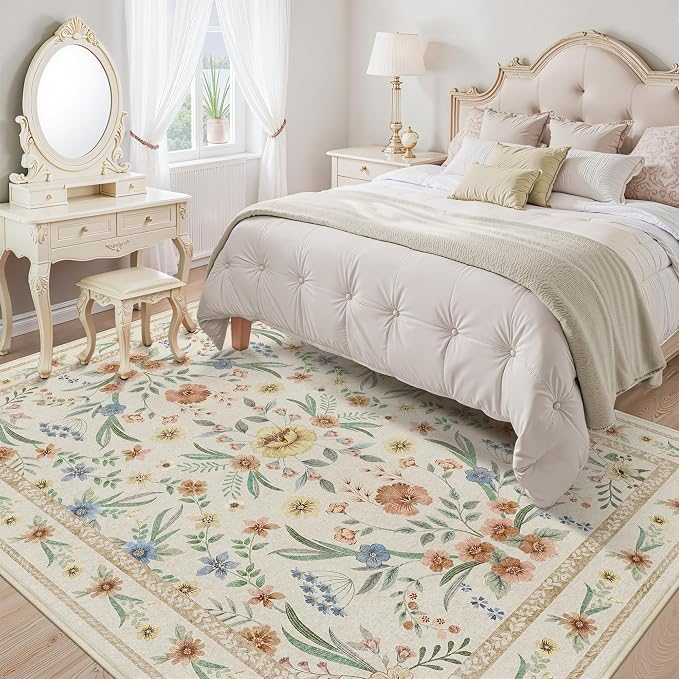 Beige Floral Area Rug 6x9, Neutral Washable Girls Bedroom Rug - Image 2