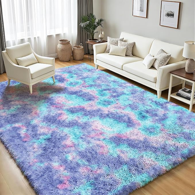 Rainbow 8x10 Fluffy Rugs for Girls Bedroom: Large Shag High Pile Area Rug - Image 7