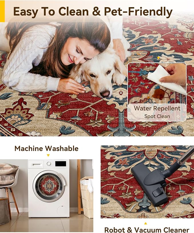 RELEANY Area Rugs Round 6ft Washable Non-Slip, Floral Vintage Distress - Image 5