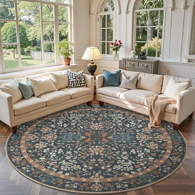 jinchan Zenith Round Rug 7ft Area Rug Soft 7'Round Vintage Floral Rug Non-Slip by JINCHAN