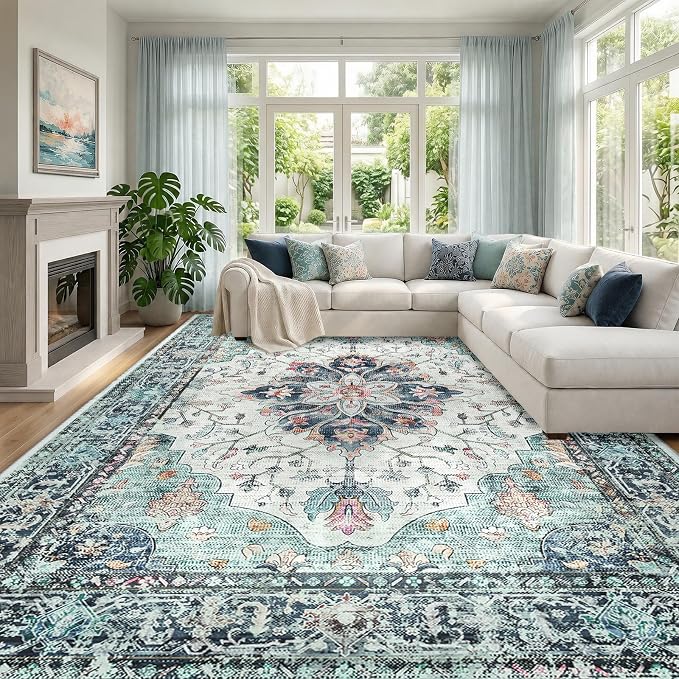 RELEANY Area Rugs Large 9'x12' Washable Non-Slip, Floral Vintage Distress by RELEANY
