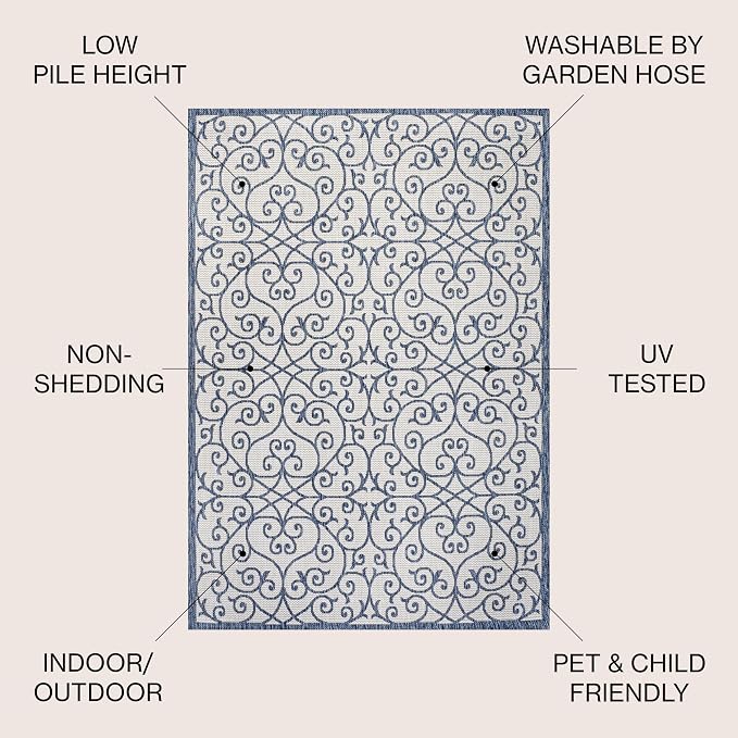 JONATHAN Y Vintage Filigree Indoor Outdoor Area Rug 5X8 Blue/Cream, Madrid - Image 2