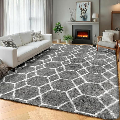 ONASAR Area Rugs for Bedroom Living Room, 4x6 Fluffy Grey and White Floor Rug - Image 2
