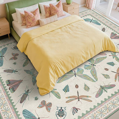 Green Butterfly Area Rug 9x12 for Living Room, Washable Floral Rug for Girls - Image 3