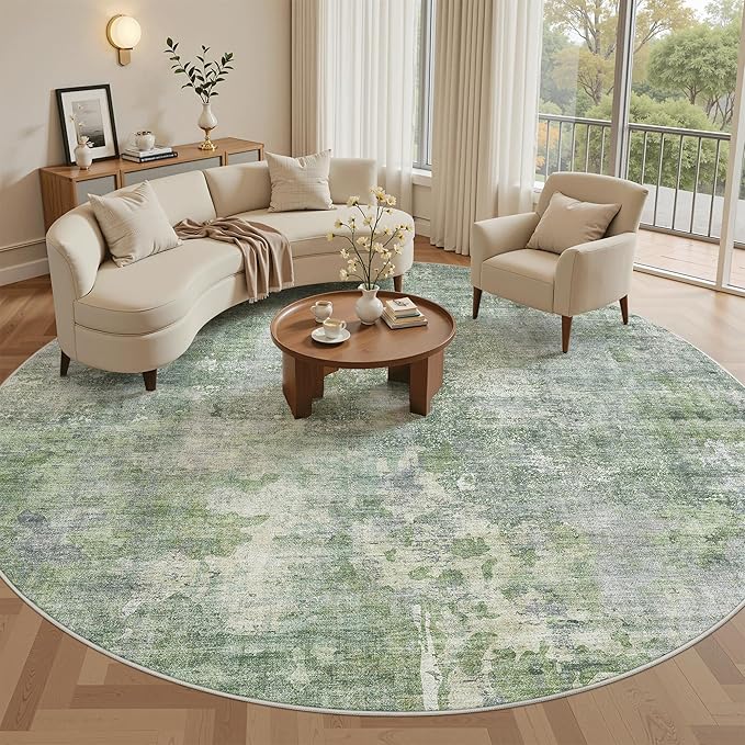 Soalmost 8x8 Green/Ivory Round Rug 8ft Living Room Circle Rug Vintage Round - Image 3