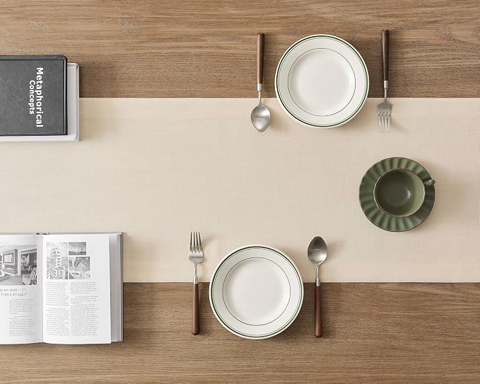 Linen Textured Border Table Runner, 14 x 60 Inch Cream | Mitered Corner Design - Image 4