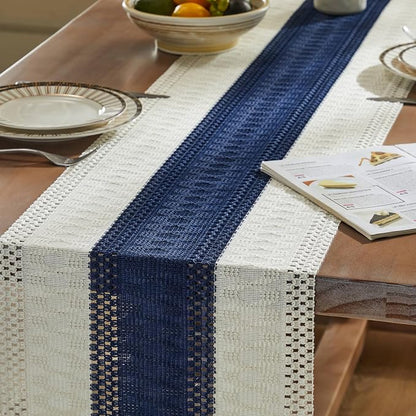 Macrame Style Bicolor Stitching Table Runner 14x36in Navy Blue | Woven Boho - Image 5