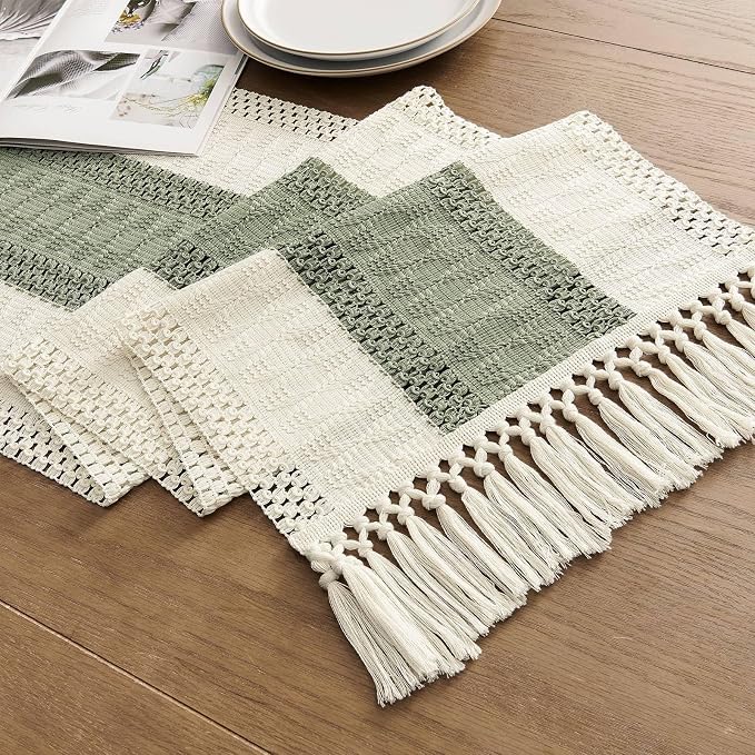 Macrame Style Bicolor Stitching Table Runner 14x48in Green | Woven Boho Table - Image 7
