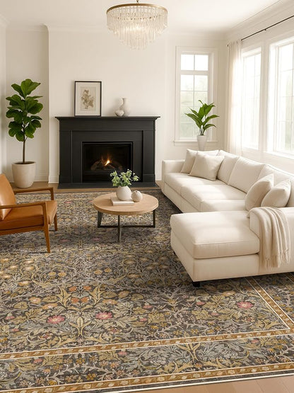 Vintage Gold Brown Living Room Rug, 7x10 Washable Area Rugs - Image 6