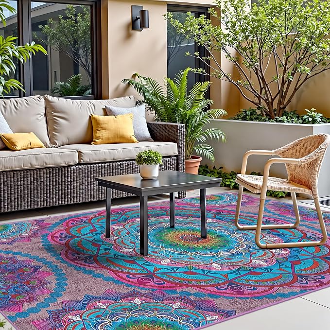 Arenarug Meditation Indoor Outdoor Rug 8x10 ft Mandala Pattern Rug Boho Style - Image 6