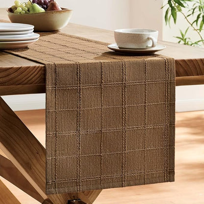 Linen Checked Farmhouse Table Runner, 13x48 Inches Roasted Brown | Raised Grid - Image 4