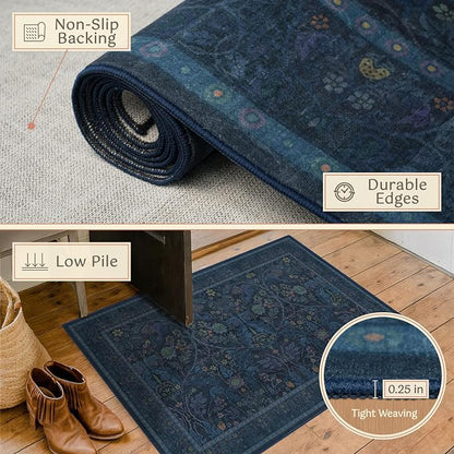 Washable 2x4 Entryway Rugs, Oriental Floral Small Blue Kitchen Rugs, Thin - Image 5