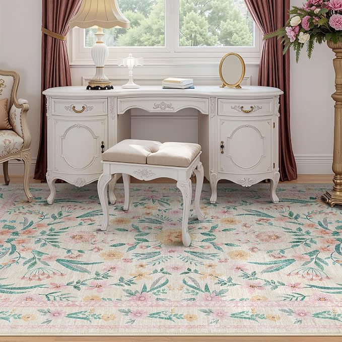 Pink Floral Rug 6x9 for Living Room, Washable Non-Slip Area Rug for Girls - Image 5