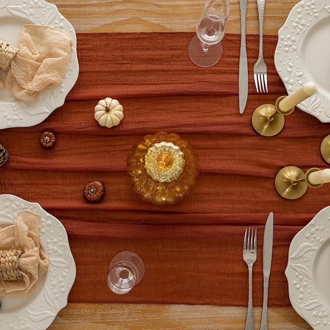 Fall Table Runner Terracotta Cheesecloth 120 Inch Party Home Decorations | - Image 4