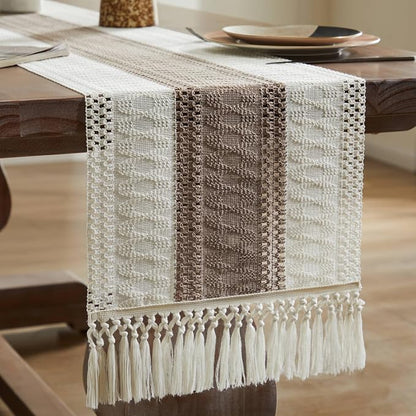 Macrame Style Bicolor Stitching Table Runner 14x90in Cocoa Brown | Woven Boho - Image 7