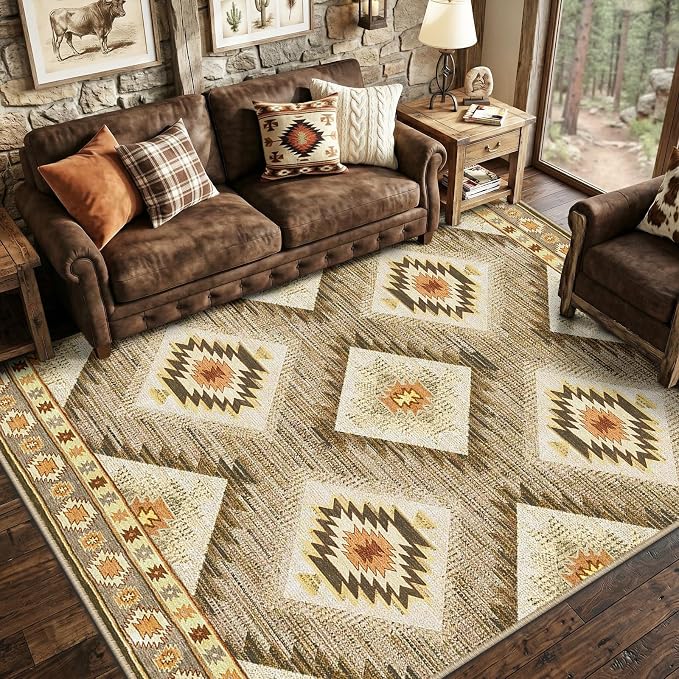 Area Rug 6x9 Rug Machine Washable Non-Slip Low Pile Print Pattern Western Rug by BESTSWEETIE