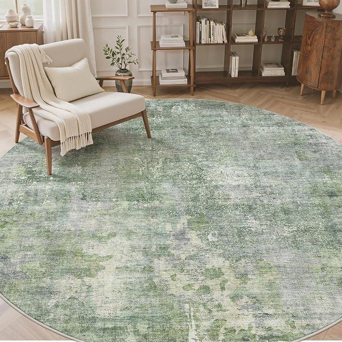 Soalmost 8x8 Green/Ivory Round Rug 8ft Living Room Circle Rug Vintage Round - Image 4