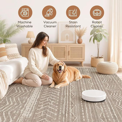 6x8 Area Rugs Living Room: Washable Boho Large Neutral Soft Rug Farmhouse Stain - Image 3