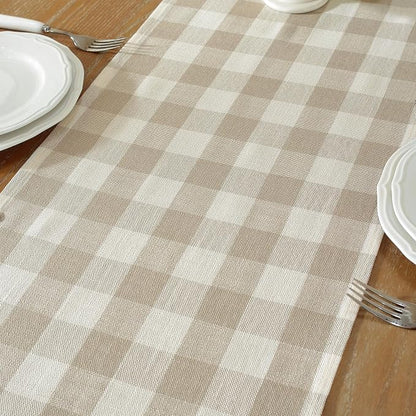 Laolitou Beige Checkered Table Runner, Cotton Linen Gingham Table Runners - Image 3