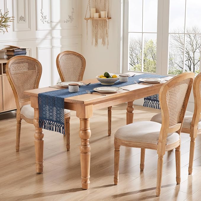 Macrame Style Boho Table Runner, 12x36 Inch Dusty Blue | Woven Boho Table Runner - Image 3