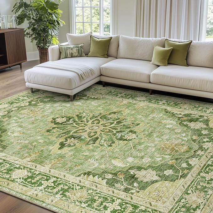 RELEANY Area Rugs 7'x9' Washable Non-Slip, Floral Vintage Distress Medallion by RELEANY