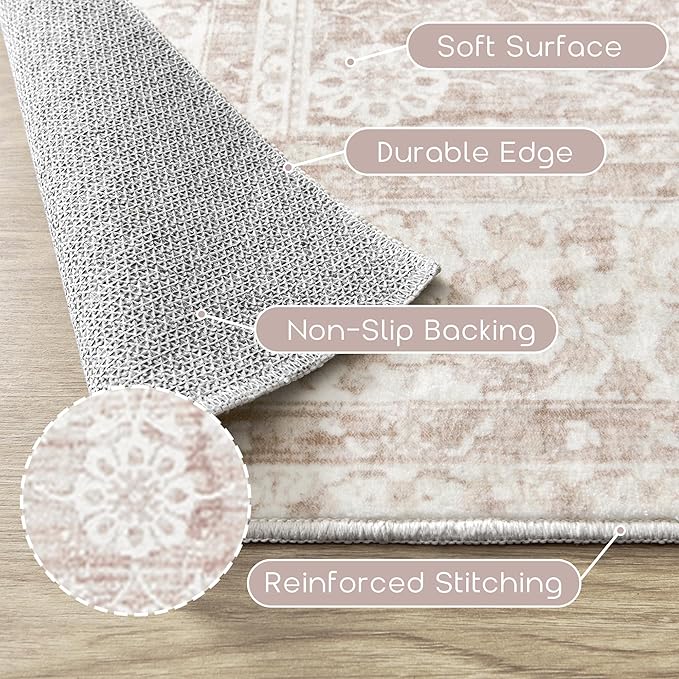 BILEEHOME Vintage Pink Rug 3x5 Washable Non Slip Floral Aesthetic Indoor Rugs - Image 3