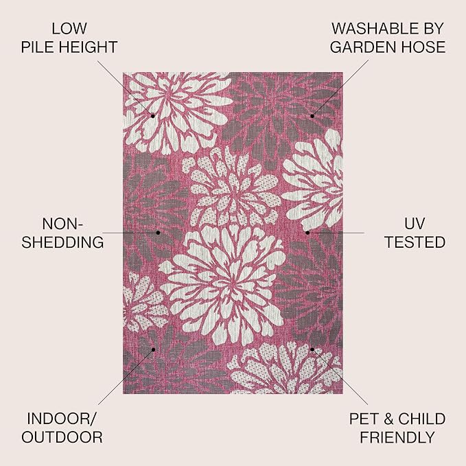 JONATHAN Y Floral Textured Weave Indoor Outdoor Area Rug 5X8 Fuchsia/Light Gray - Image 2