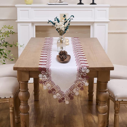 White Dark Red Floral Lace Table Runner Dresser Scarf | Christmas, Floral - Image 2