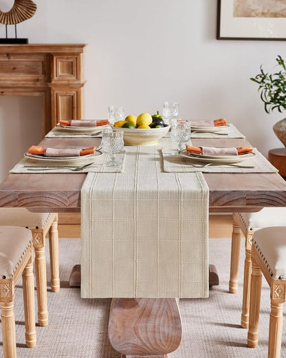 Linen Checked Farmhouse Table Runner, 13x72 Inches Neutral Beige | Raised Grid - Image 2