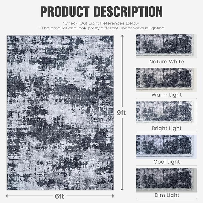 6x9 Area Rugs for Living Room Washable: Abstract Soft Thin Low Pile Black Rug - Image 2