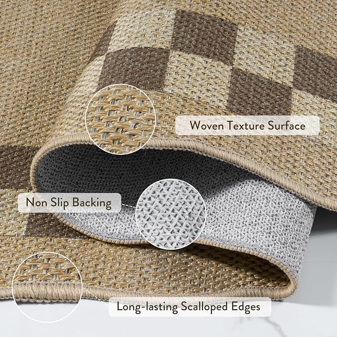 LIVEBOX Scalloped Easy Jute Checkered 3x5 Outdoor Rug, Washable Non-Slip Tan - Image 5