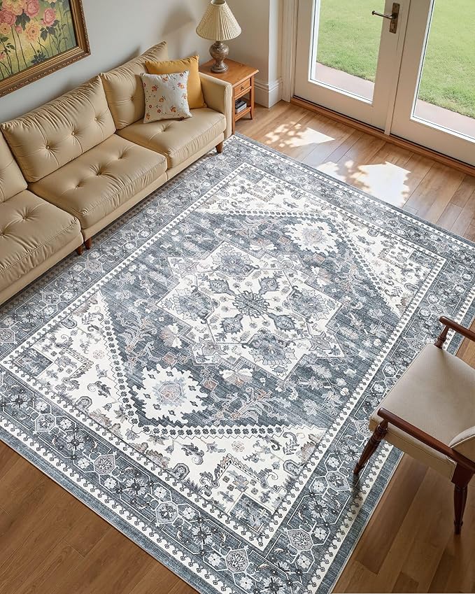 5x7 Vintage Area Rug: Washable Neutral Soft Non Slip Thin Large Floor Carpet - Image 2