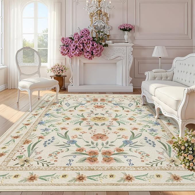 Beige Floral Area Rug 6x9, Neutral Washable Girls Bedroom Rug by Dadasgk