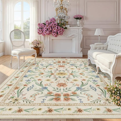 Beige Floral Area Rug 6x9, Neutral Washable Girls Bedroom Rug by Dadasgk