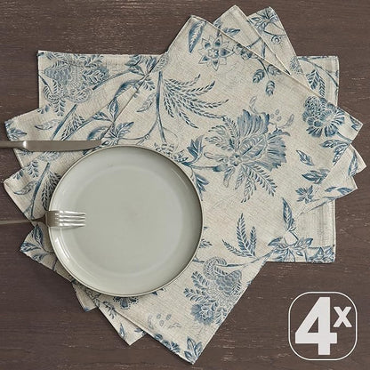 JINCHAN Sliva Linen Floral Placemats Set of 4 Farmhouse 13x19 Inch Blue | - Image 6