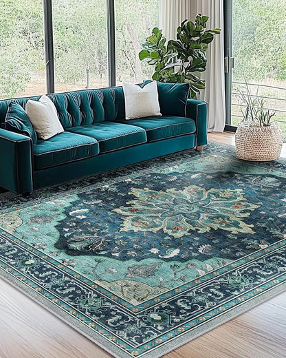 RELEANY Area Rugs 7'x9' Washable Non-Slip, Floral Vintage Distress Medallion by RELEANY