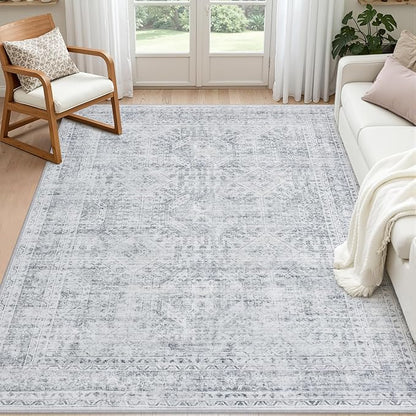 6x9 Area Rugs for Living Room: Vintage Boho Neutral Washable Rug Indoor Soft by Luxturiy