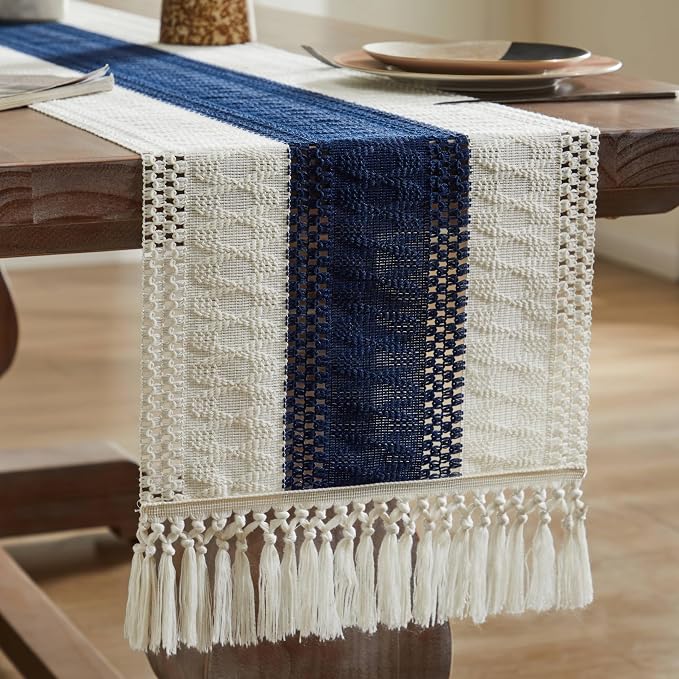 Macrame Style Bicolor Stitching Table Runner 14x36in Navy Blue | Woven Boho - Image 7