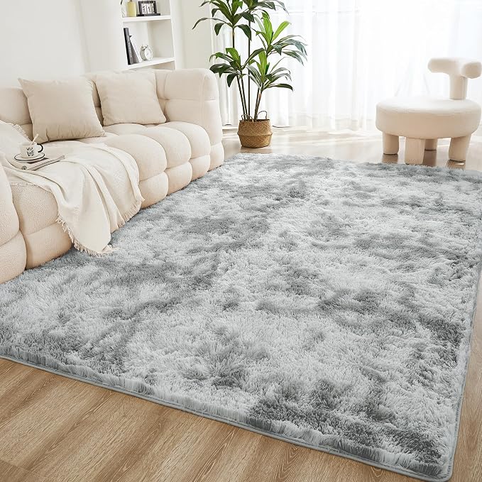 Litanika 9x12 Shag Area Rug for Living Room Bedroom, Tie-Dyed Light Grey High by Litanika