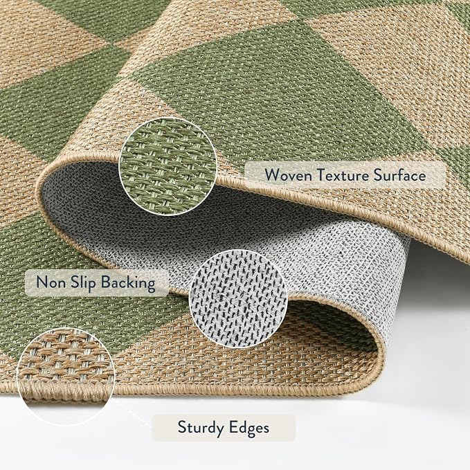 Lahome Colette Green Checkered Easy Jute Rug, 3x5 Washable Outdoor Rug Neutral - Image 3