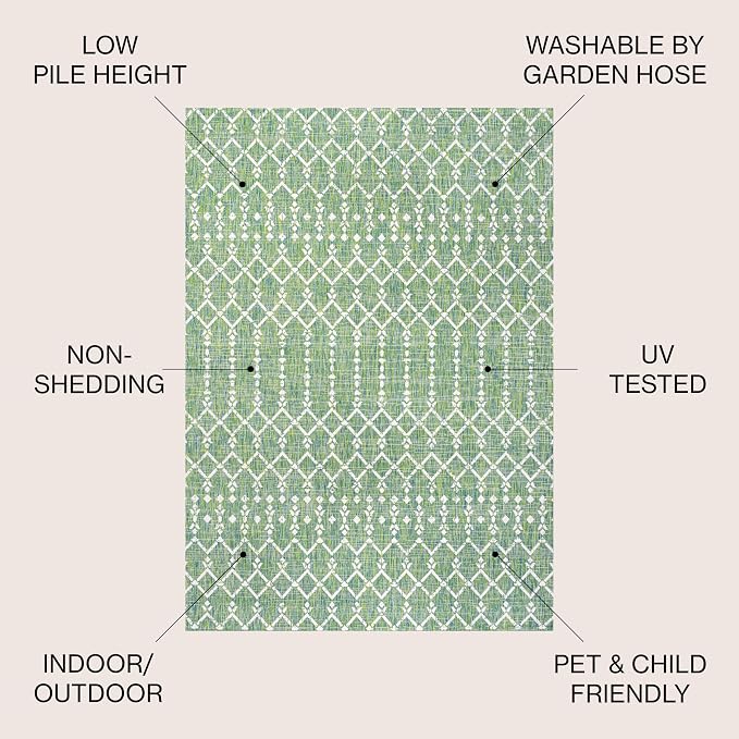 JONATHAN Y Moroccan Geometric Indoor Outdoor Area Rug 5X8 Green/Cream, Ourika - Image 3