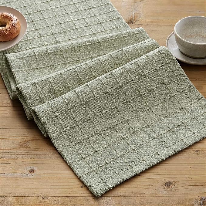 Artisanal Grid Linen Table Runner, 13x48 Inches Seeding Green | Heavy Textured - Image 2