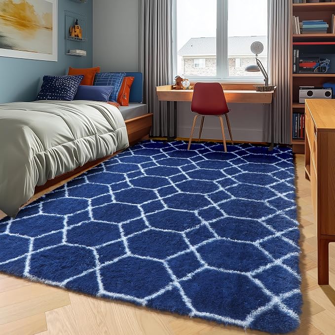 ONASAR Large 6x9 Area Rugs for Living Room, Fluffy Geometric Navy and White Rug - Image 6