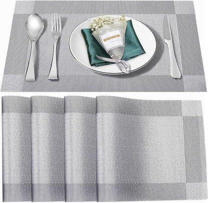 Placemats Set of 4, Vinyl Weave Silver Non Slip Table Mats | Heat Resistant - Image 2