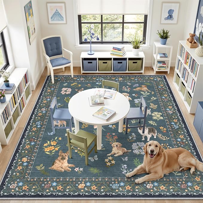 Soalmost Dog 9x12 Area Rugs for Living Room, Machine Washable Animal Floral - Image 4