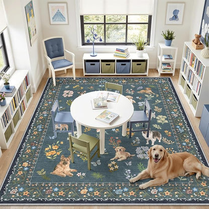 Soalmost Dog 9x12 Area Rugs for Living Room, Machine Washable Animal Floral - Image 4
