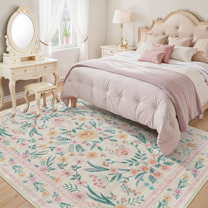 Pink Floral Rug 6x9 for Living Room, Washable Non-Slip Area Rug for Girls - Image 4